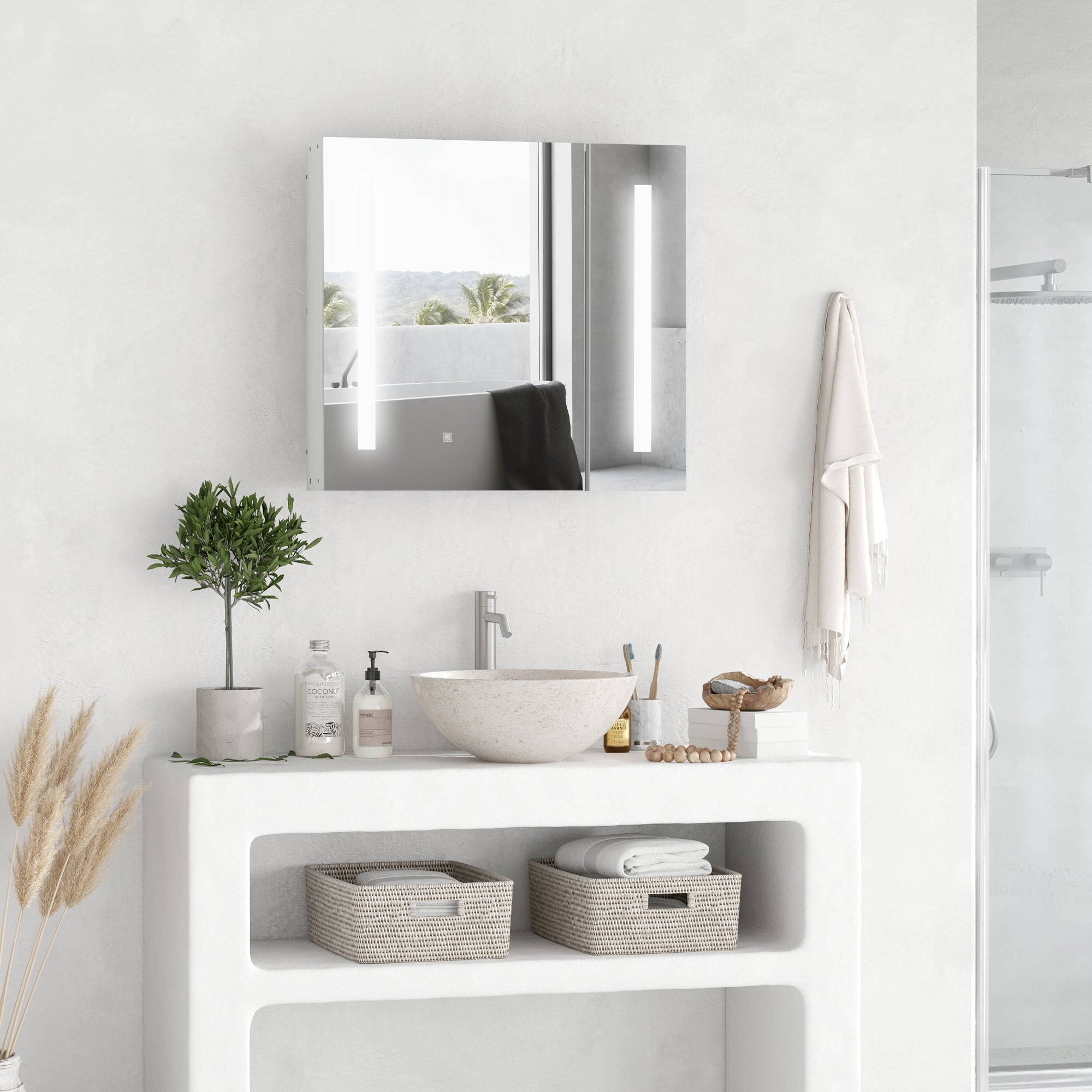 Illuminated Bathroom Mirror Cabinet 650 x 700Hmm LED Bathroom Mirror with Lights Touch Switch, Adjustable Shelf, USB Charge, White
