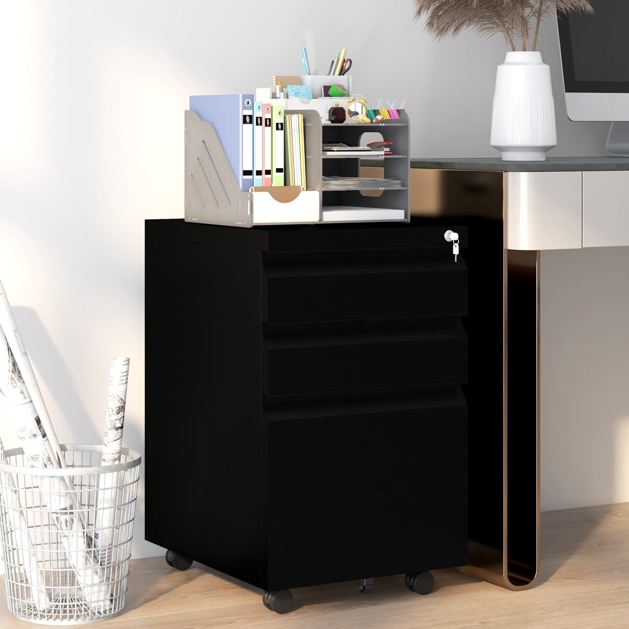 3-Drawer Filing Cabinet with Lock, Mobile Steel File Cabinet for A4, Legal and Letter Size, Under Desk Drawers with Pre-Assembled Body for Home Office, 37 x 43.5 x 60 cm, Black