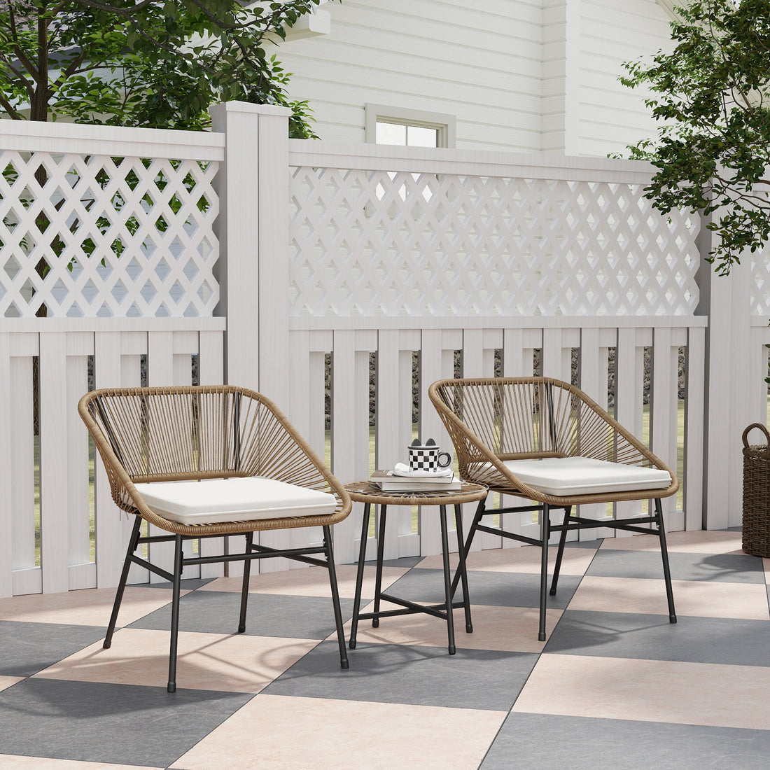 3 Pieces Rattan Bistro Set, Wicker Small Garden Table and Chairs Set with Cushions and Glass Top Coffee Table, Bistro Garden Furniture Set for Outdoor, Patio, Balcony, Natural