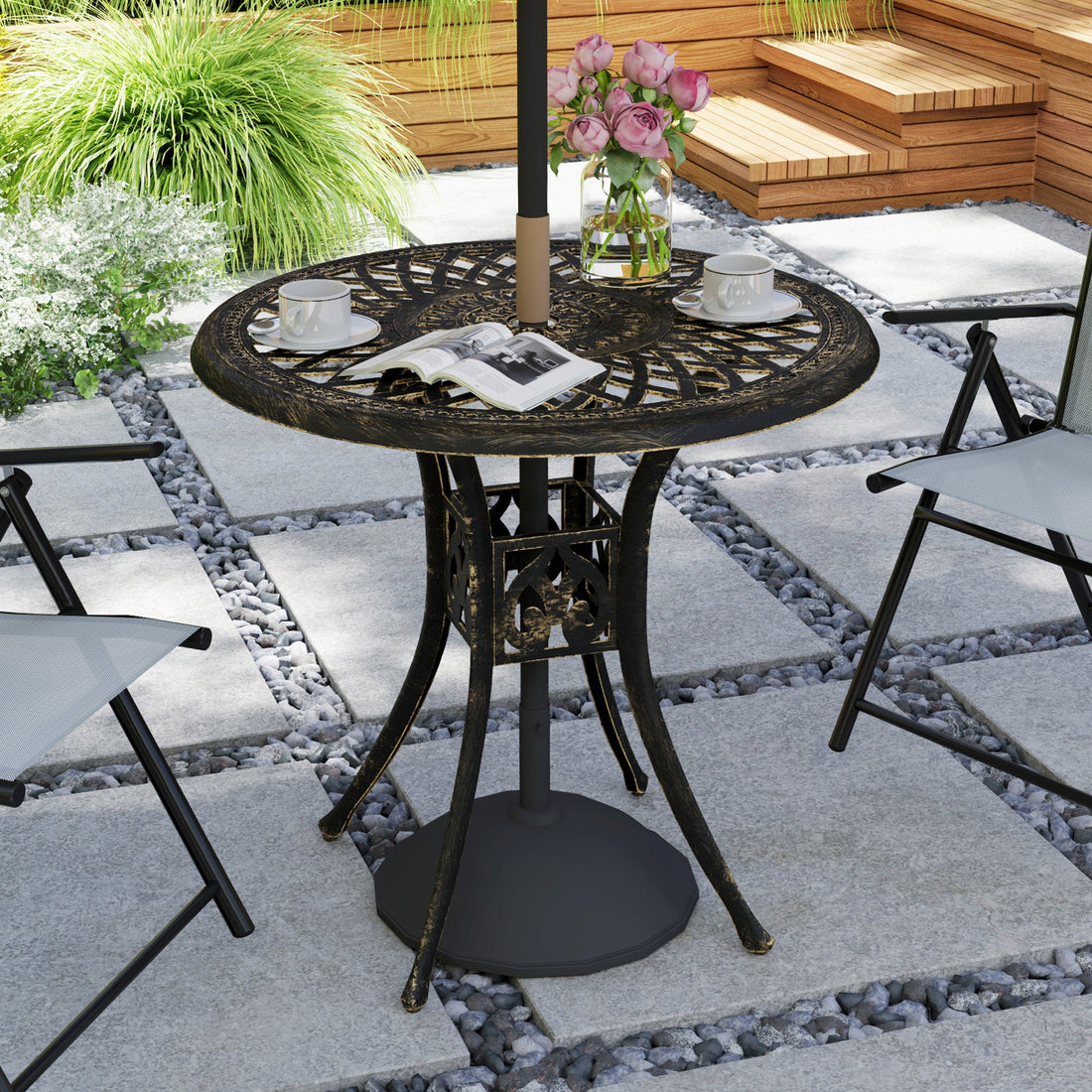 78 cm Round Garden Dining Table with Parasol Hole Antique Cast Aluminium Outdoor Table Only, Bronze Tone