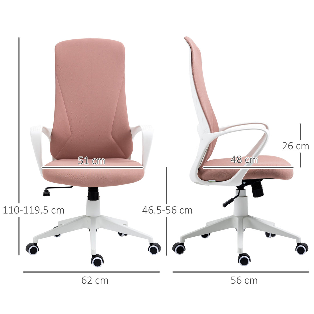High Back Office Chair, Fabric Desk Chair with Armrests, Adjustable Height, Swivel Wheels, Pink