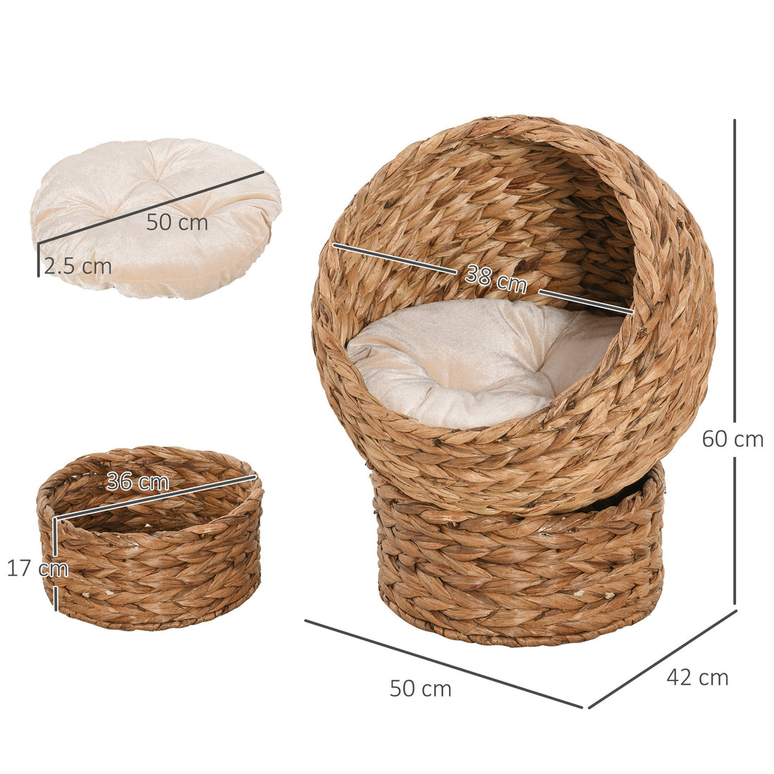 Wicker Cat Bed, Raised Rattan Cat Basket with Cylindrical Base, Soft Washable Cushion, 50 x 42 x 60 cm - Brown