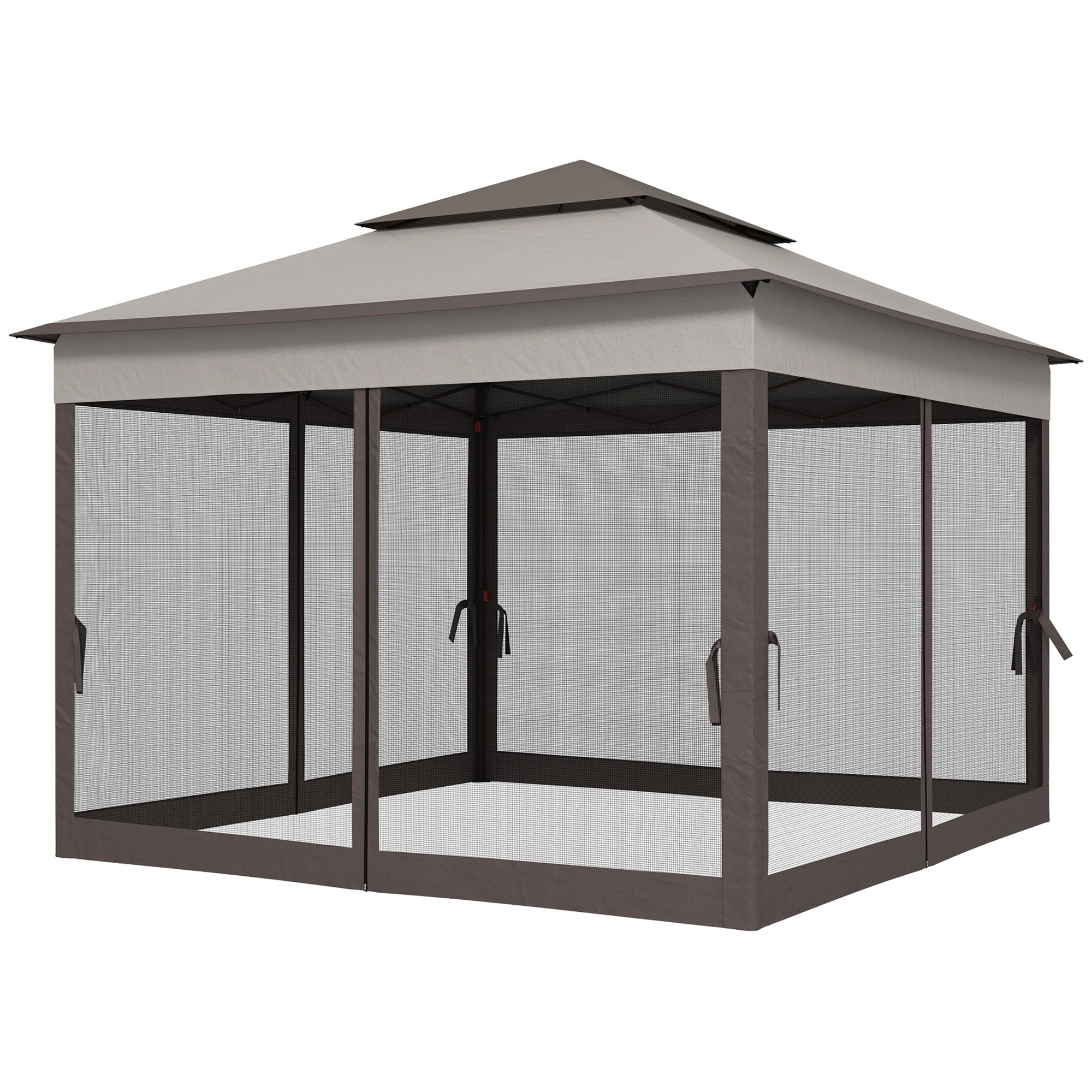 3.25 x 3.25m Pop Up Gazebo, Double-roof Garden Tent with Netting and Carry Bag, Party Event Shelter for Outdoor Patio, Brown and Grey
