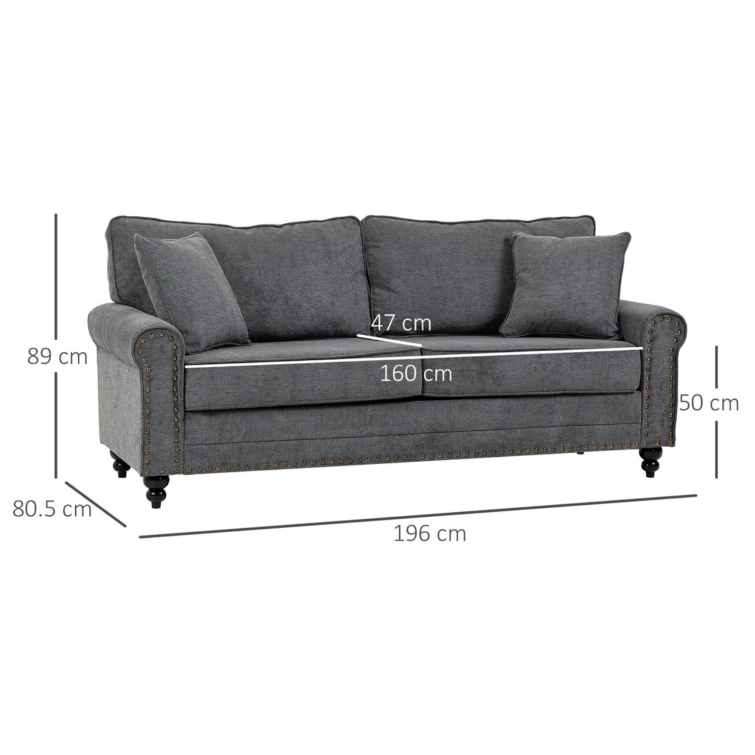 3 Seater Sofas for Living Room, Fabric Sofa with Felt Mats, Cushions and Pillows, Grey