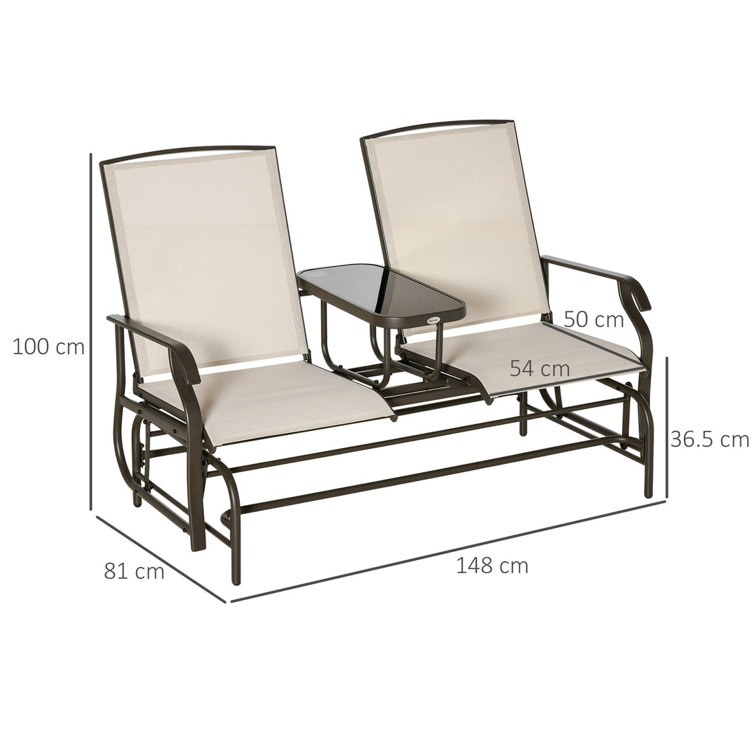 2 Seats Garden Glider Bench, Metal Frame Loveseat with Glass Top Centre Table, Porch Rocking Glider for 2 Person, for Deck, Patio, Brown/ Khaki