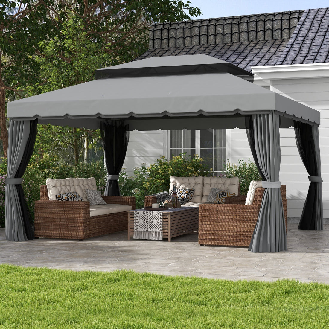 3 x 4m Aluminium Garden Gazebo, Marquee Canopy Shelter Pavilion Party Tent with Nets and Curtains for Garden and Deck, Light Grey