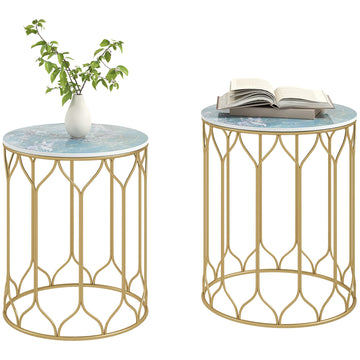 Garden Side Table Set of 2, Nesting Tables with Ceramic Tile Top, Indoor Outdoor Small Garden Tables, Multifunctional End Tables with Metal Frame for Patio, Balcony, Porch, Multicoloured