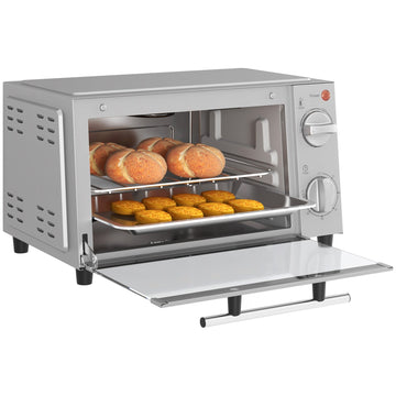 Mini Oven, 9L Countertop Electric Grill, Toaster Oven with Adjustable Temperature, Timer, Dishwasher Safe Baking Tray and Wire Rack, 750W, Silver