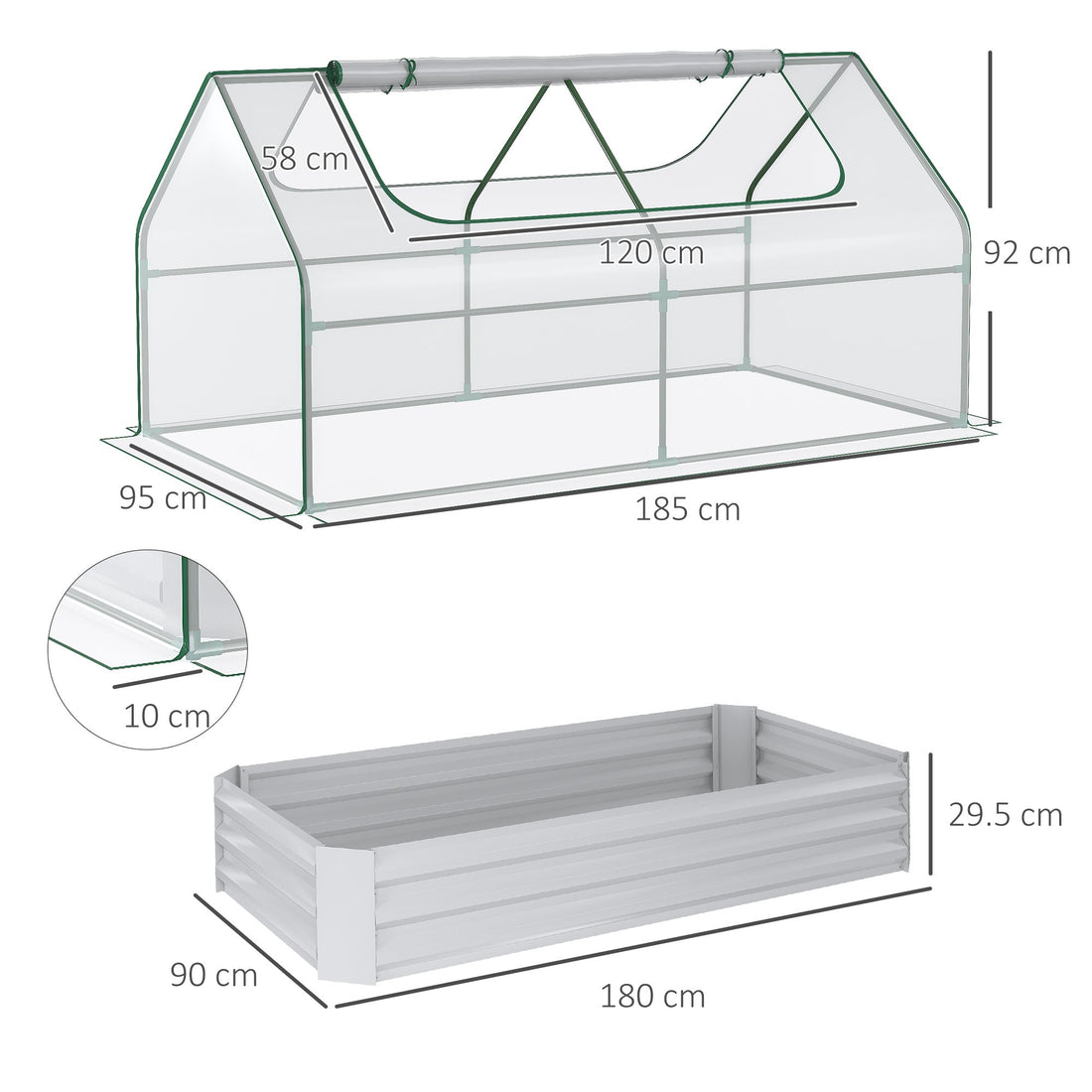 Raised Garden Bed with Greenhouse, Steel Planter Box with Plastic Cover, Roll Up Window, Dual Use for Flowers, Vegetables, Fruits and Herbs, 185L x 95W x 92H cm, Clear