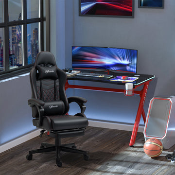 Computer Gaming Chair with Footrest, Video Gaming Chair for Adults with 130° Reclining Back, Desk Chair with Lumbar Support and Adjustable Height, Black Red