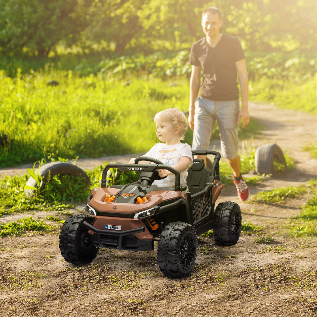 12V Battery Powered Ride on Truck w/ Remote, Four Suspension Wheels, Horn, Lights, Music, USB, for Ages 3-5 Years, Brown