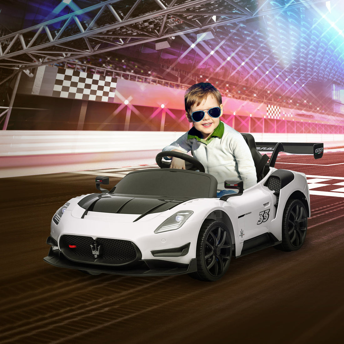 Maserati GT2 Licensed 12V Kids Electric Ride on Car with 4 Suspension Wheels, Remote Control, Music, Horn, Lights, White