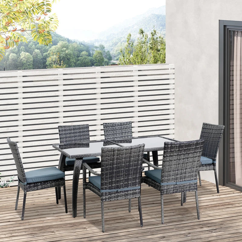 6 Seater Rattan Dining Set with Cushions, Rattan Garden Furniture Set, Outdoor Dining Table and Chairs with 6 Stackable Armchairs, Rectangular Glass Top Table for Patio, Balcony, Grey