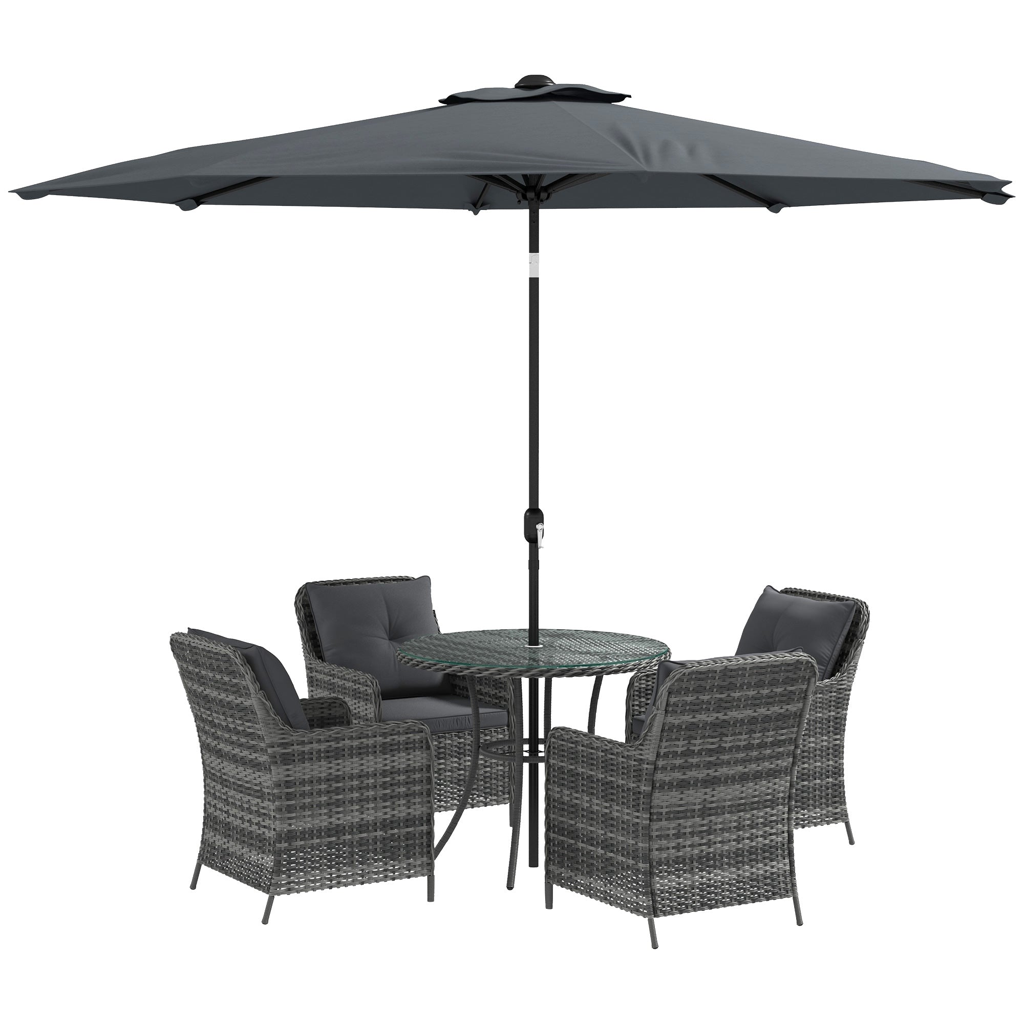 4 Seater Rattan Dining Set with Parasol & Cushions - Mixed Grey