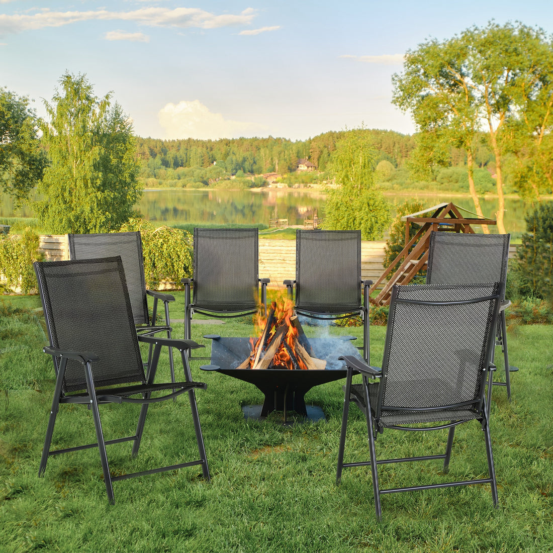 Set of 6 Folding Garden Chairs, Metal Frame Garden Chairs Outdoor Patio Park Dining Seat with Breathable Mesh Seat, Black