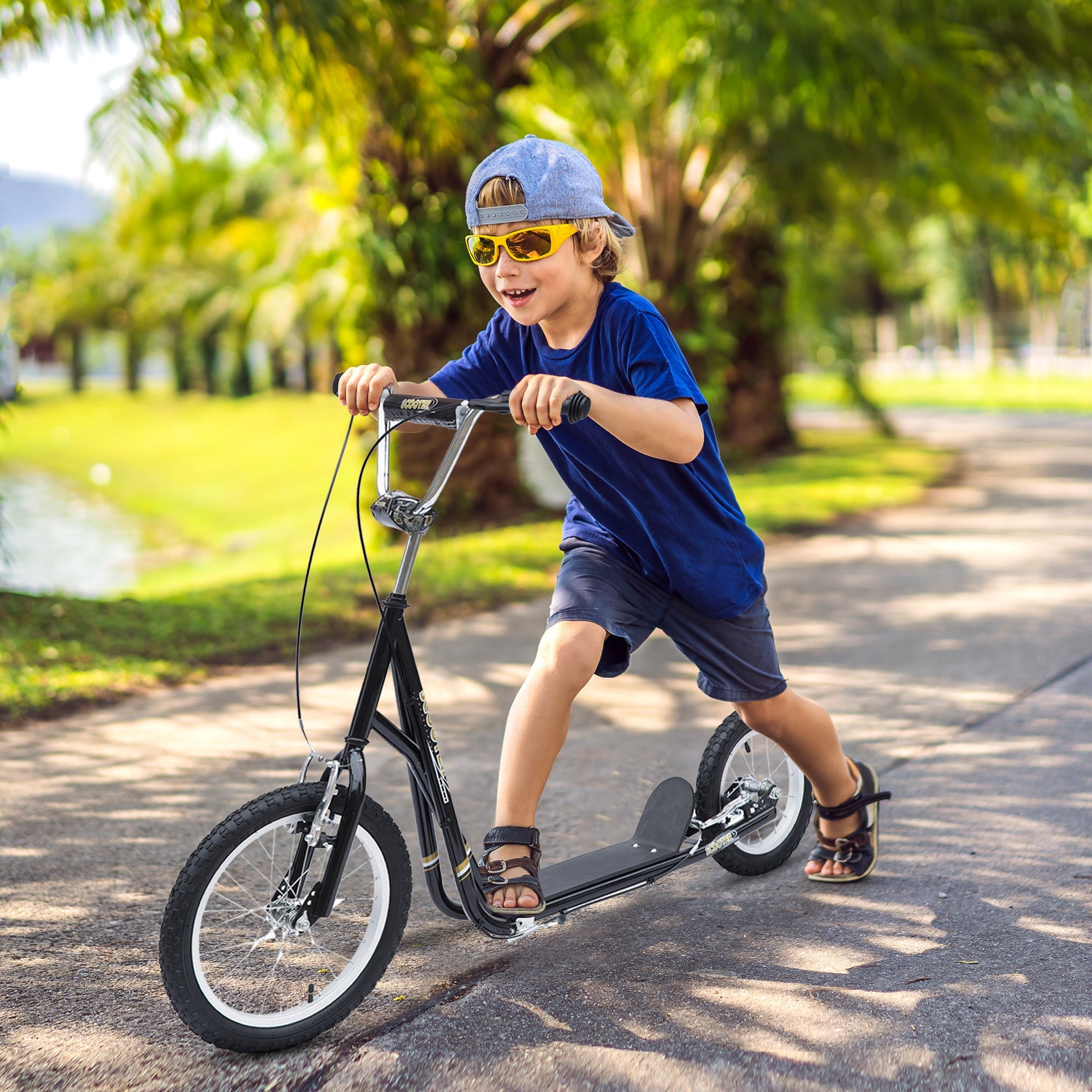 Kids Scooter, Teen Kick Scooter with Rubber Wheels, 16" Front Wheel, Height Adjustable Handlebar, Dual Brakes, Kick Stand, for 5+ Years, Black