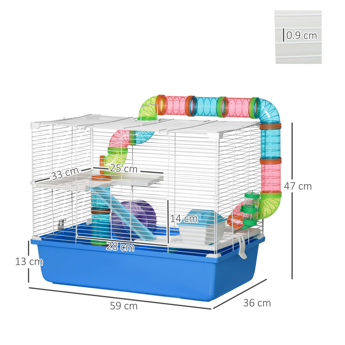 Hamster Cage, Gerbil Cage 3 Tier for Dwarf Hamster with Tube, Exercise Wheel, Water Bottle, Food Dish 59 x 36 x 47 cm- Blue