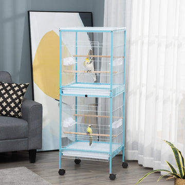 Bird Cage Budgie Cage 2 In 1 Large Aviary with Wheels Removable Trays for Finch Canaries Cockatiels Light Blue