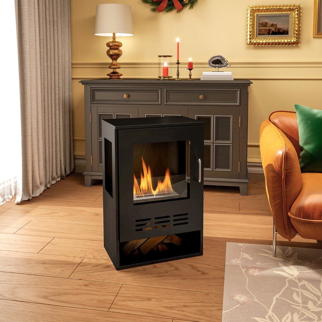 Ethanol Fireplace Stove with Shelf, Freestanding Bioethanol Fire, Indoor Ethanol Burner with 0.9 Litres Volume, Burns for Up to 3.3 Hours, 27 Inch, Black