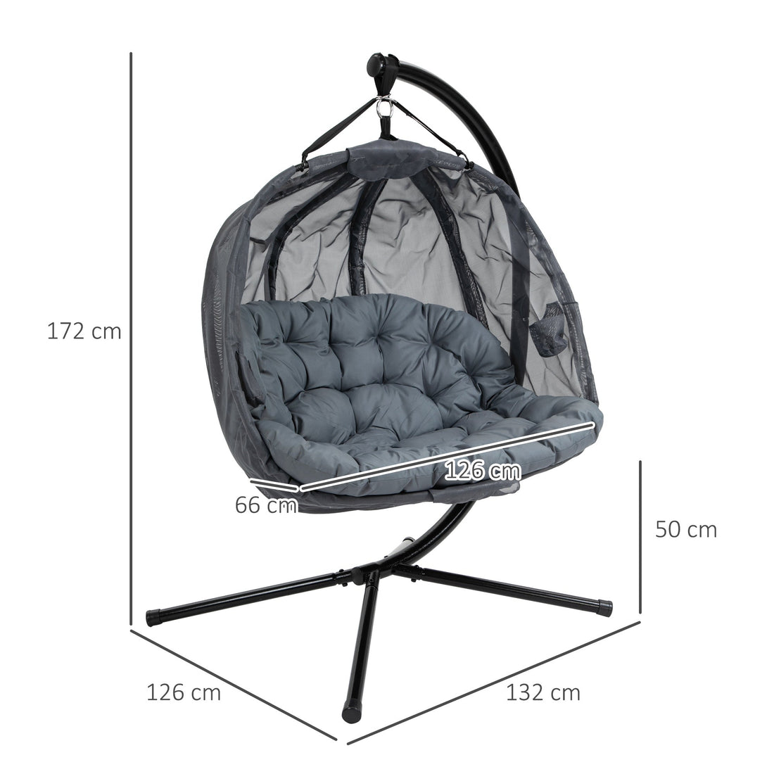 Double Hanging Egg Chair 2 Seaters Texteline Swing Hammock Chair with Stand, Cushion and Folding Design, for Indoor and Outdoor, Grey
