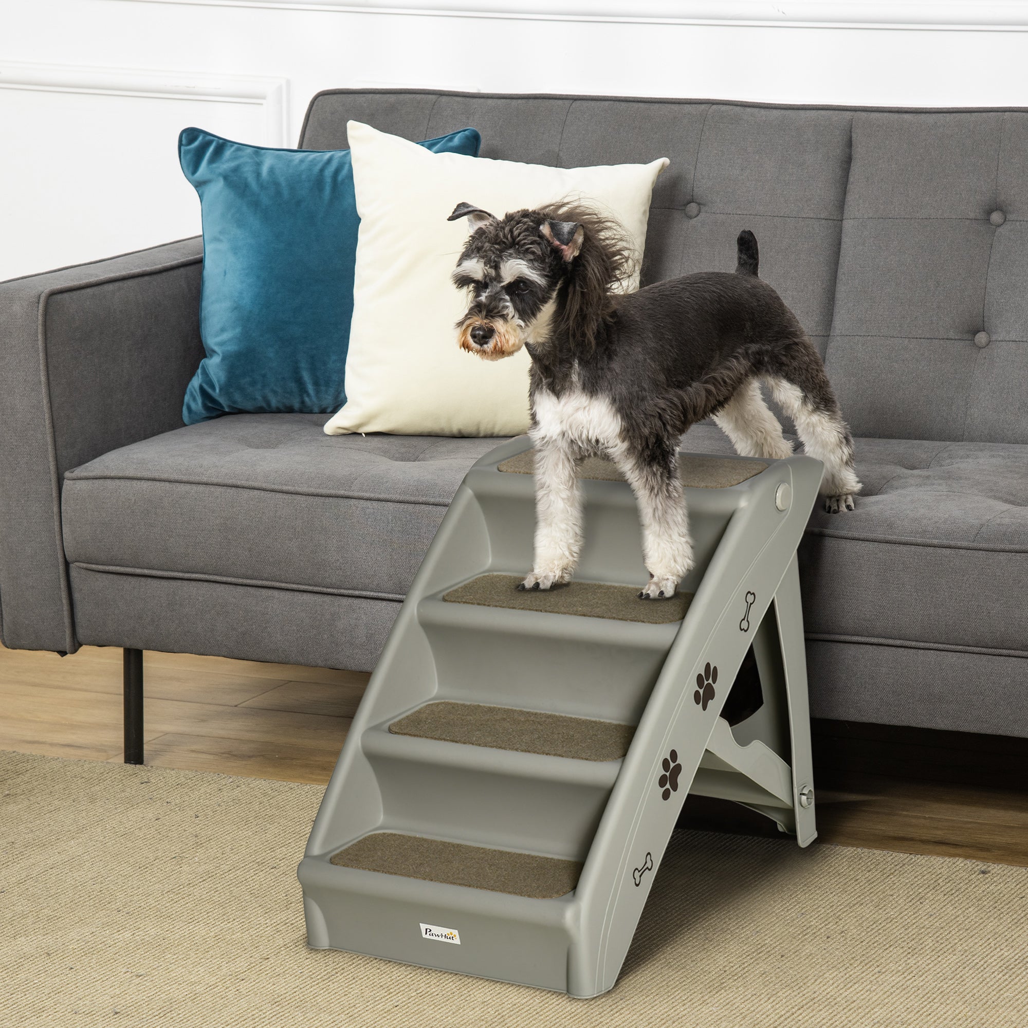 Foldable Four-Step Pet Stairs, for Cats, Small Miniature Dogs, with Non-Slip Mats 62 x 38 x 49.5cm - Grey