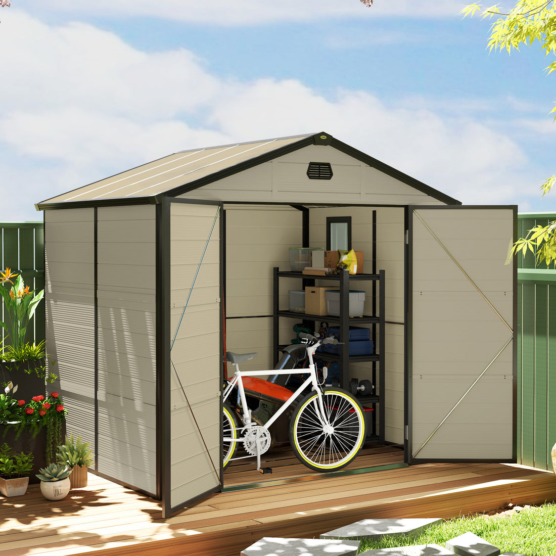 7.9ft x 6.2ft Aluminium Frame and Plastic Wall Shed, with Foundation - Cream White
