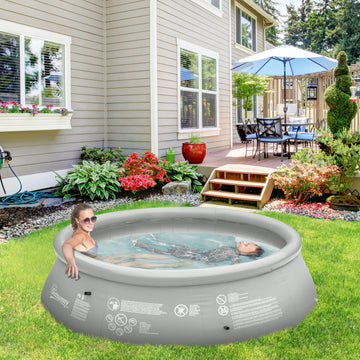 274cm x 76cm Inflatable Swimming Pool Family-Sized Blow Up Pool Round Paddling Pool with Hand Pump for Adults, Outdoor, Garden and Backyard, Grey