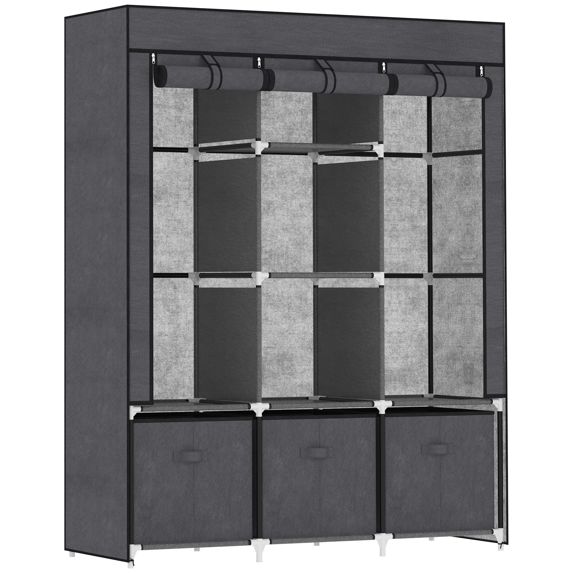 Fabric Wardrobe for Bedroom, Portable Wardrobe with 5 Shelves, 2 Hanging Rails and 3 Fabric Drawers, Foldable Closet, 125 x 43 x 162.5cm, Dark Grey