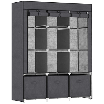 Fabric Wardrobe for Bedroom, Portable Wardrobe with 5 Shelves, 2 Hanging Rails and 3 Fabric Drawers, Foldable Closet, 125 x 43 x 162.5cm, Dark Grey