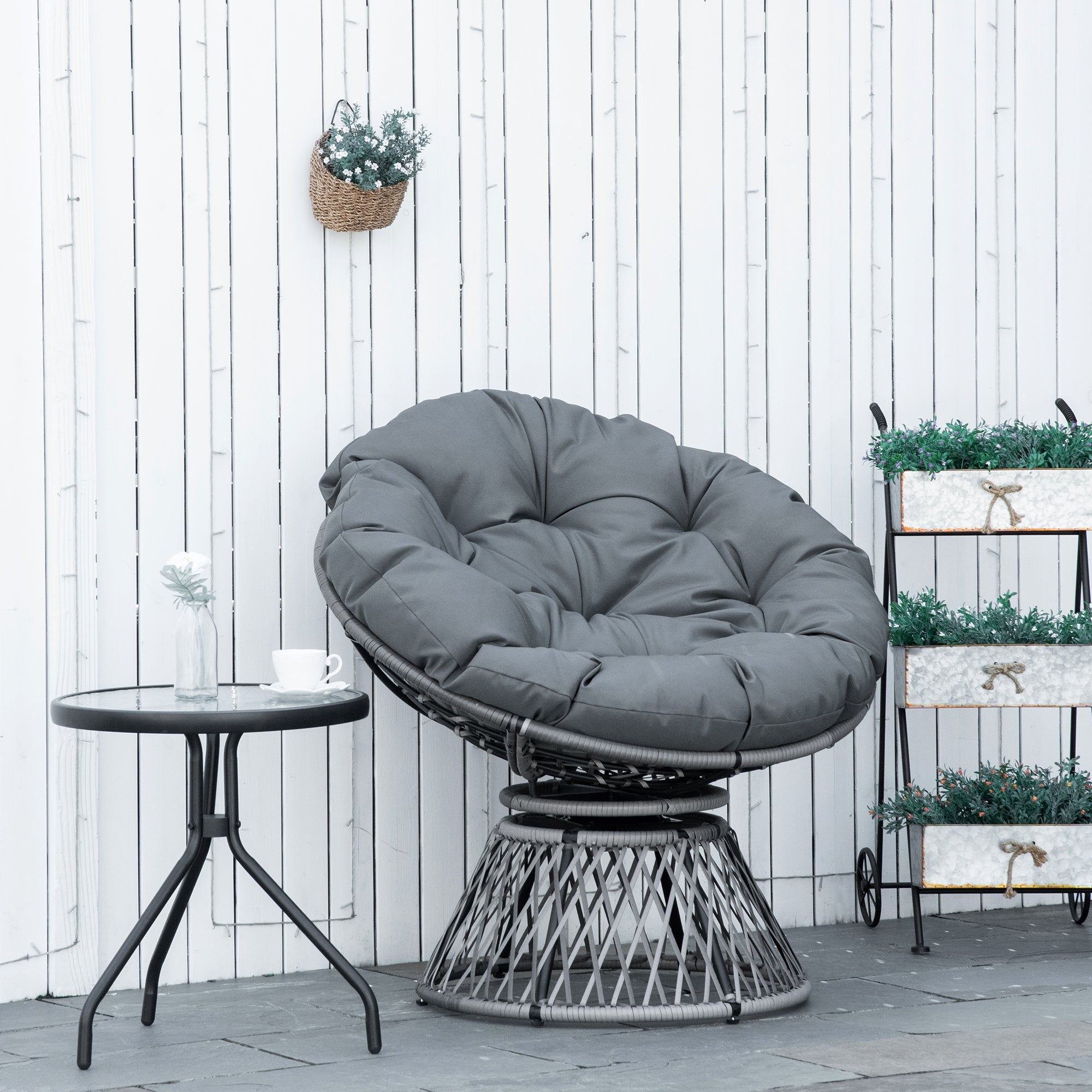 360° Swivel Rattan Papasan Moon Bowl Chair Round Lounge Garden Wicker Basket Seat with Padded Cushion Oversized for Outdoor Indoor, Grey