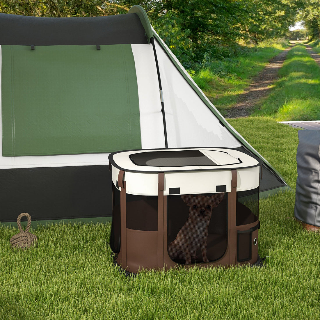 Foldable Dog Pen with Storage Bag for Indoor/Outdoor Use, Portable Pet playpen, with Ground Stakes - Brown
