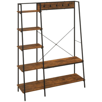Clothes Rail, Metal Clothes Rack with Shoe Rack, 5 Tier Storage Shelves, 5 Side Hooks, Coat Stand for Bedroom, Living Room, Hallway, Rustic Brown and Black