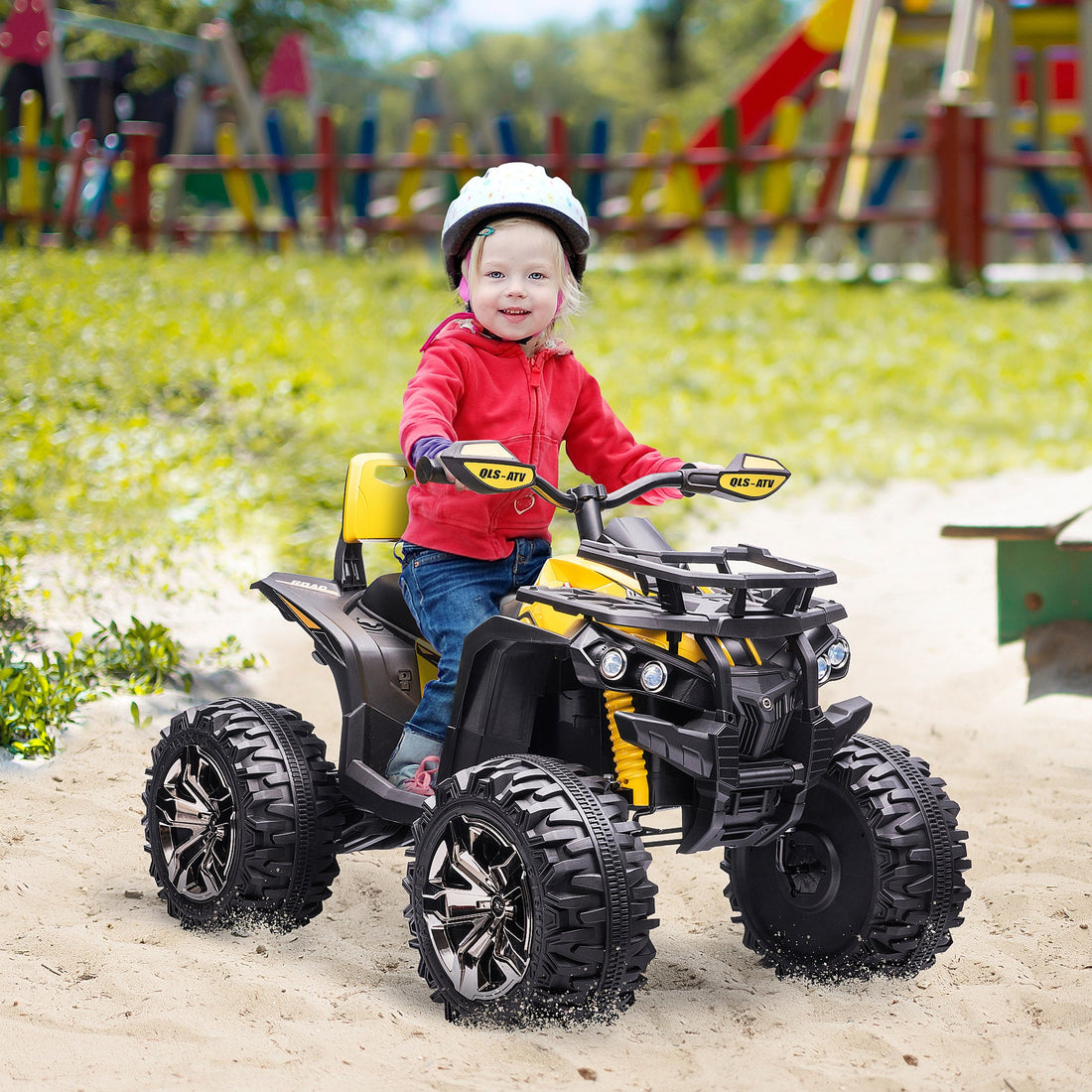 12V Quad Bike ATV with LED Lights, Music, Backrest, Forward, Backward, Yellow