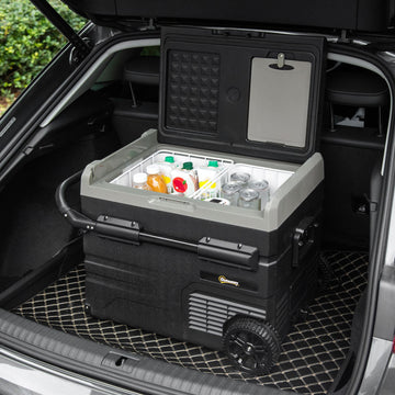50L Car Refrigerator, Portable Compressor Cooler Box, Fridge Freezer w/ Inner LED Light, Foldable Handles, Cup Holders, 12/24V DC and 110-240V AC for Campervan RV Boat Travel Down to -20℃