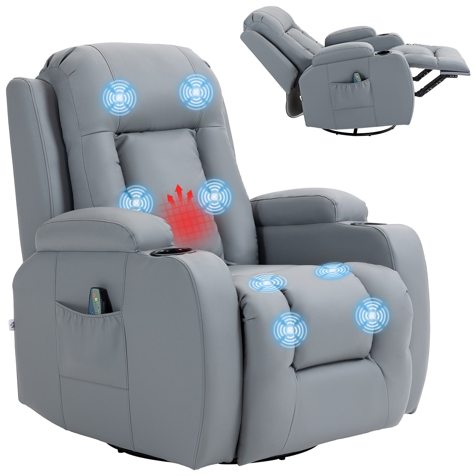 Massage Recliner Chair with 8 Vibration & Heat, PU Leather Recliner Armchair with Cup Holders and Side Pockets, Manual Reclining Chair with Remote, 360° Swivel, Rocking, Light Grey