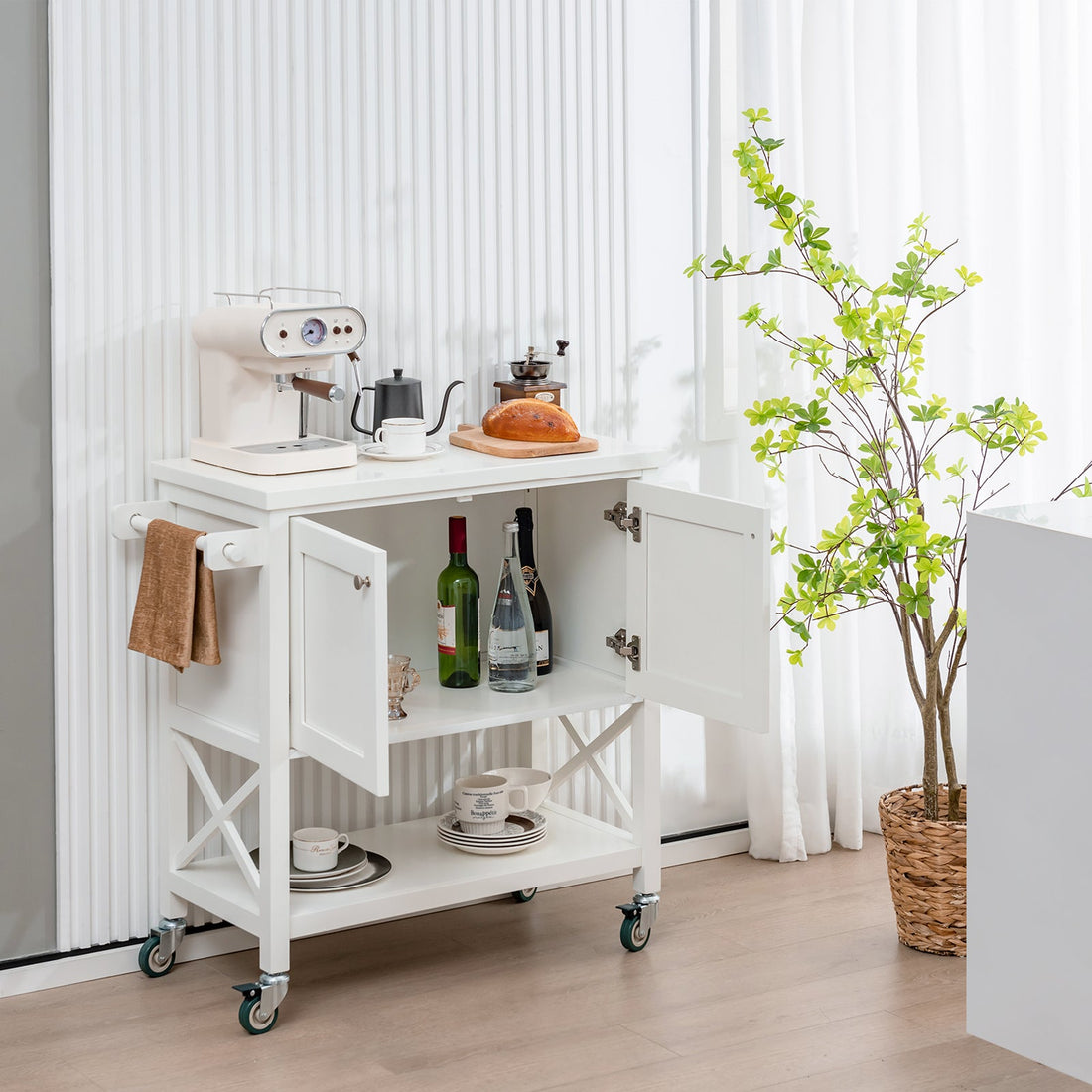 Kitchen Cart with Storage Cabinet with Towel Rack and Spice Rack-White