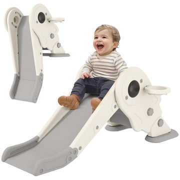 3-in-1 Kids Slide with Basketball Hoop, Climber, Anti-Slip Steps for Toddlers, Ages 2-5 Years, Cream White