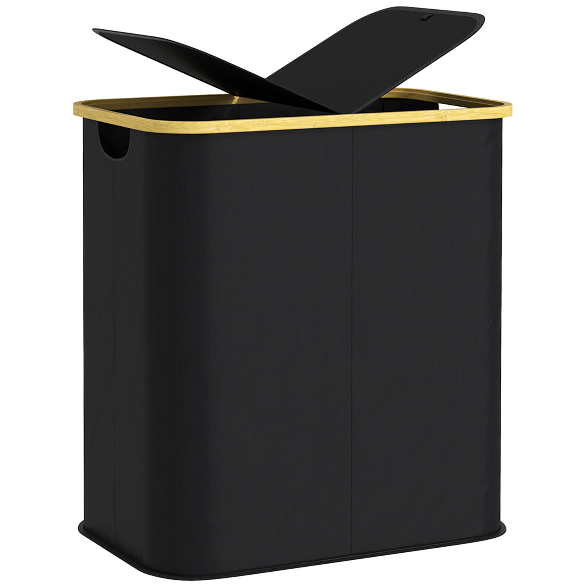 Double Laundry Basket With Lid, 80L Collapsible Laundry Hamper with Groove Handles, Washing Basket for Bathroom, Bedroom, Laundry Room, Black