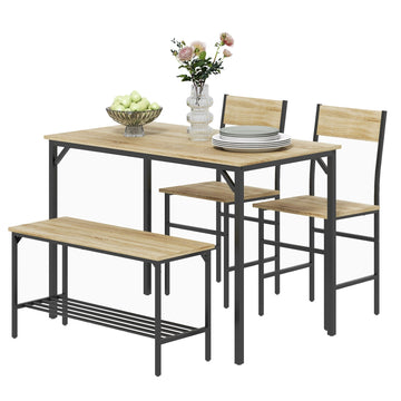 Square Dining Set for 4 Persons, Table, Chairs and Bench Included, Natural Wood Effect