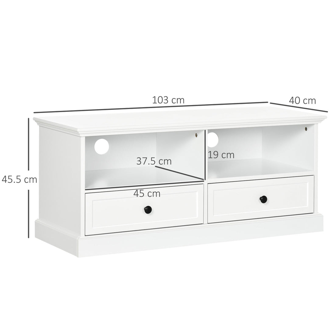 Modern TV Unit Cabinet for TVs up to 45 Inches, TV Stand with Drawers, Open Shelves, Cable Holes for Living Room, White