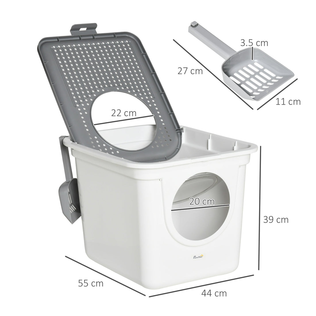 Cat Litter Box, Pet Toilet, Enclosed Kitten Pan with Front Entrance Top Exit, High Side, Scoop, White