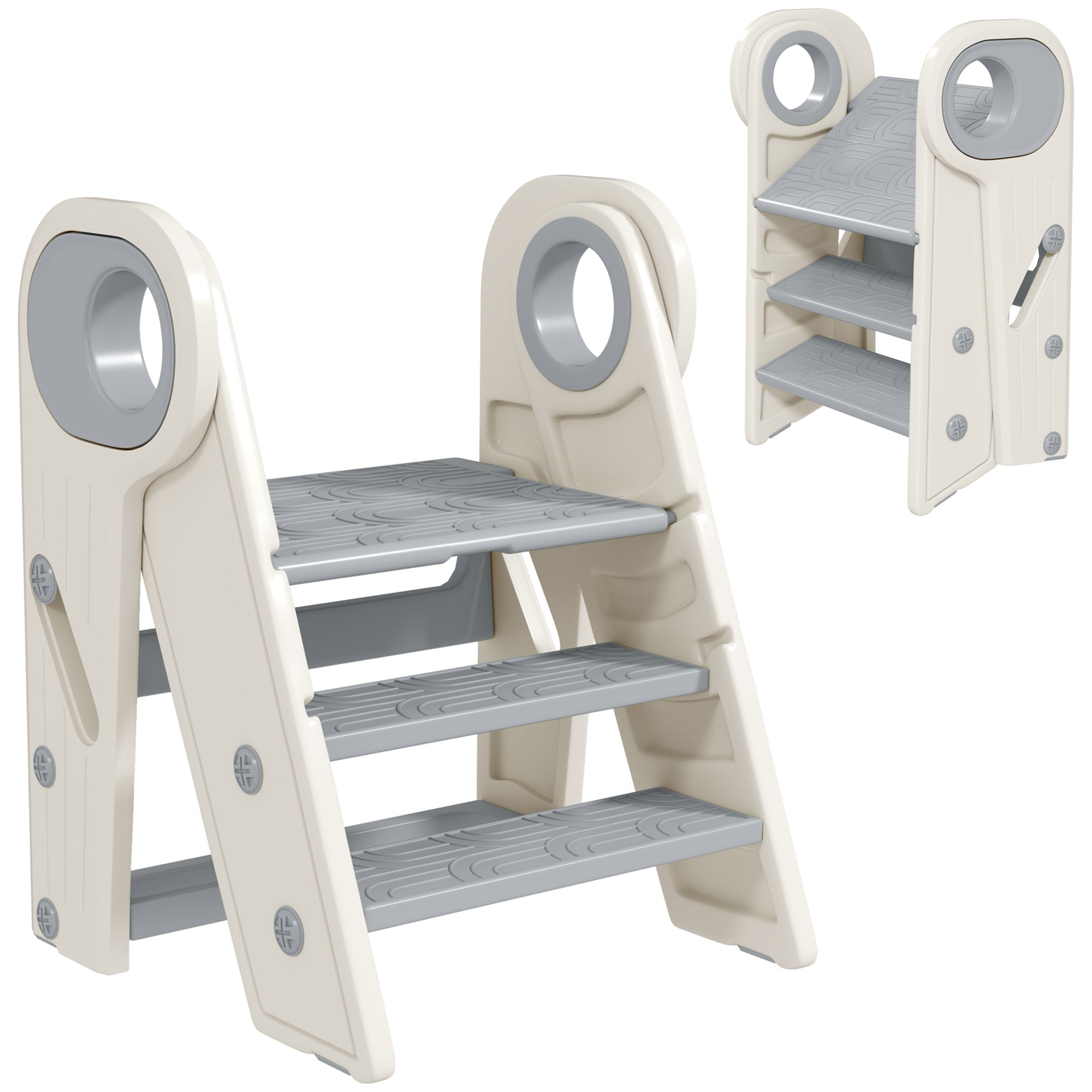 Foldable and Adjustable Toddler Tower with Handle, Non-Slip, Grey