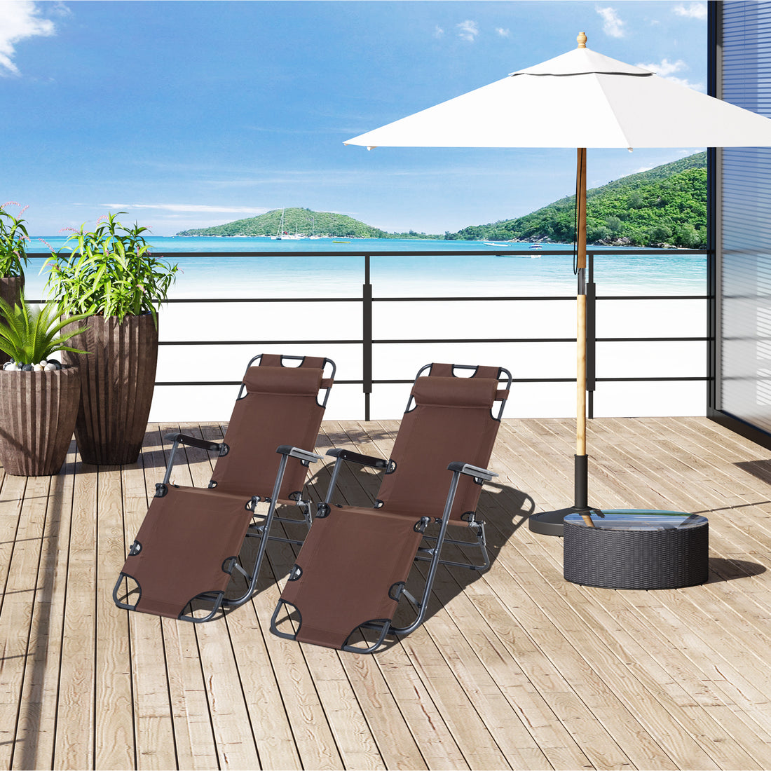 2 Pieces 2 in 1 Sun Lounger Folding Reclining Chair Garden Outdoor Camping Adjustable Back with Pillow, Brown