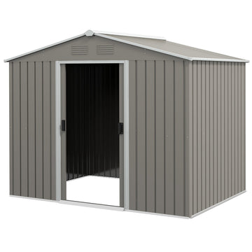 7.7 x 5.7ft Outdoor Garden Storage Shed, Metal Tool House with Ventilation and Sliding Doors, Light Grey