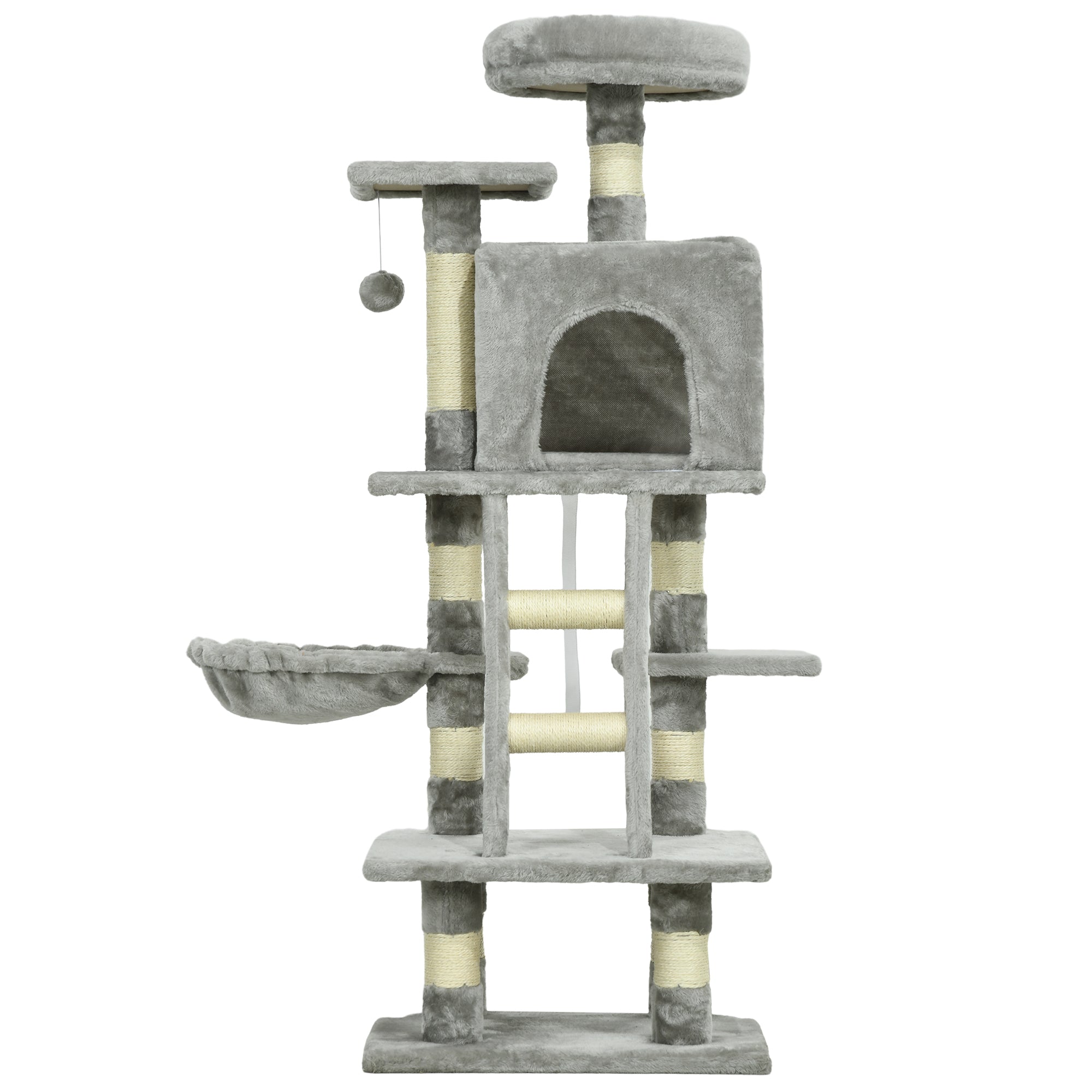 132cm Cat Tree with Scratching Post, House, Hammock, Toy Balls - Grey