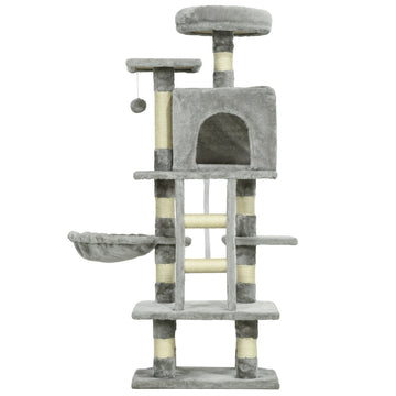132cm Cat Tree with Scratching Post, House, Hammock, Toy Balls - Grey