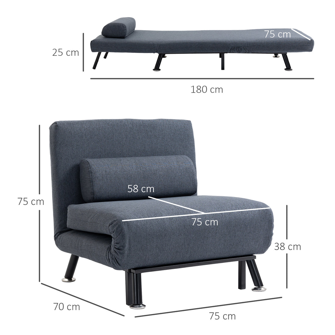 Linen Chair Bed, 3-in-1 Convertible Sleeper Chair with Adjustable Backrest, Pillow, for Living Room, Bedroom, Dark Grey