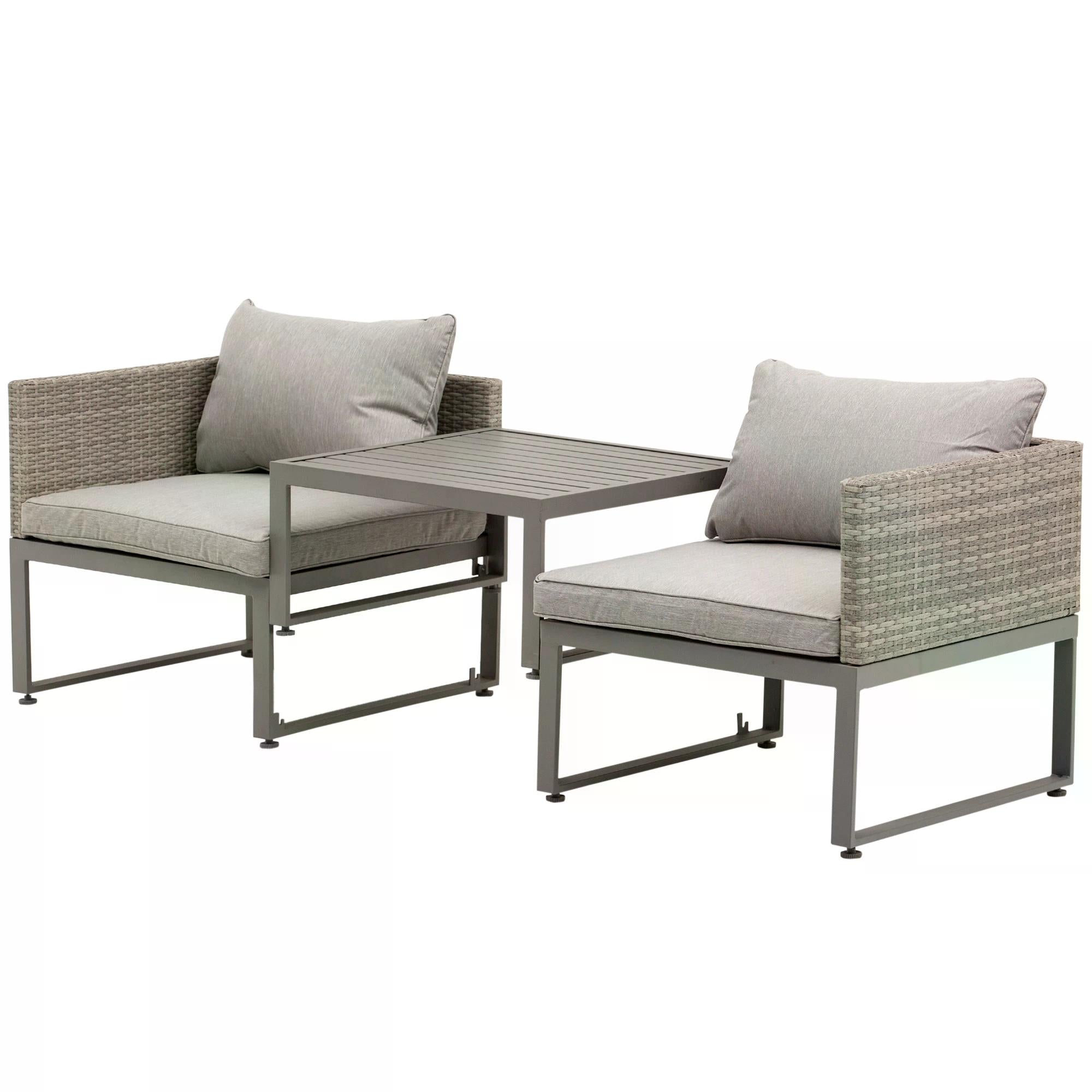 3-in-1 Rattan Bistro Set, Wicker Garden Furniture Set with 2-level Rising Table, Adjustable 3-seater Sofa Lounger with Washable Cushions for Outdoor, Patio, Balcony, Grey