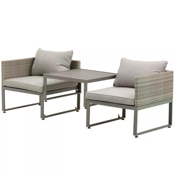 3-in-1 Rattan Bistro Set, Wicker Garden Furniture Set with 2-level Rising Table, Adjustable 3-seater Sofa Lounger with Washable Cushions for Outdoor, Patio, Balcony, Grey