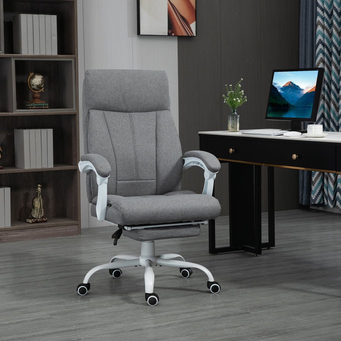 Office Chair, Ergonomic Desk Chair, Fabric Work Study Chair with 155° Reclining Back and Footrest, Adjustable Height and Swivel Wheels, Grey